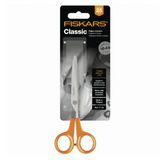 Fiskars Classic Universal 17cm scissors in orange handles, displayed in original packaging with product details.