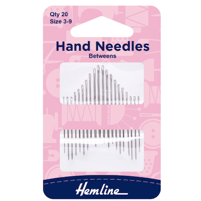 Hemline Betweens hand sewing needles in sizes 3-9, pack of 20, displayed in pink packaging with the Hemline logo.