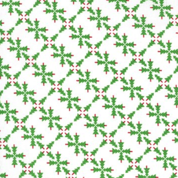 Geometric green Christmas trees with red trunks on a white background.