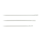 A close up of three self threading needles laying horizontally